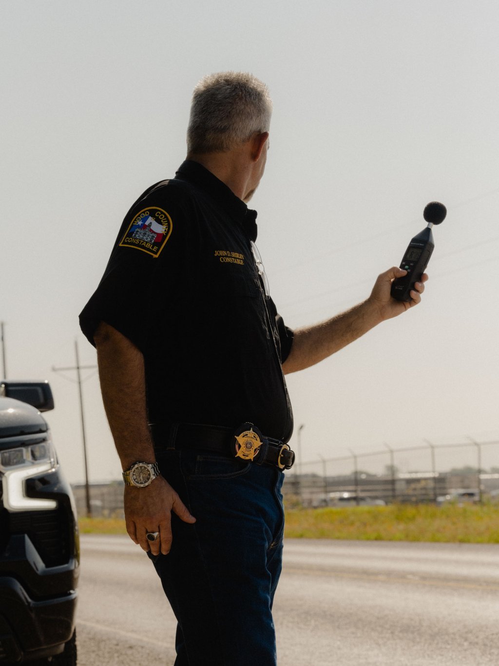 May 20th, 2024: Constable John Shirley taking sound readings near the Wolf Hollow Data Site in Granbury, Texas.